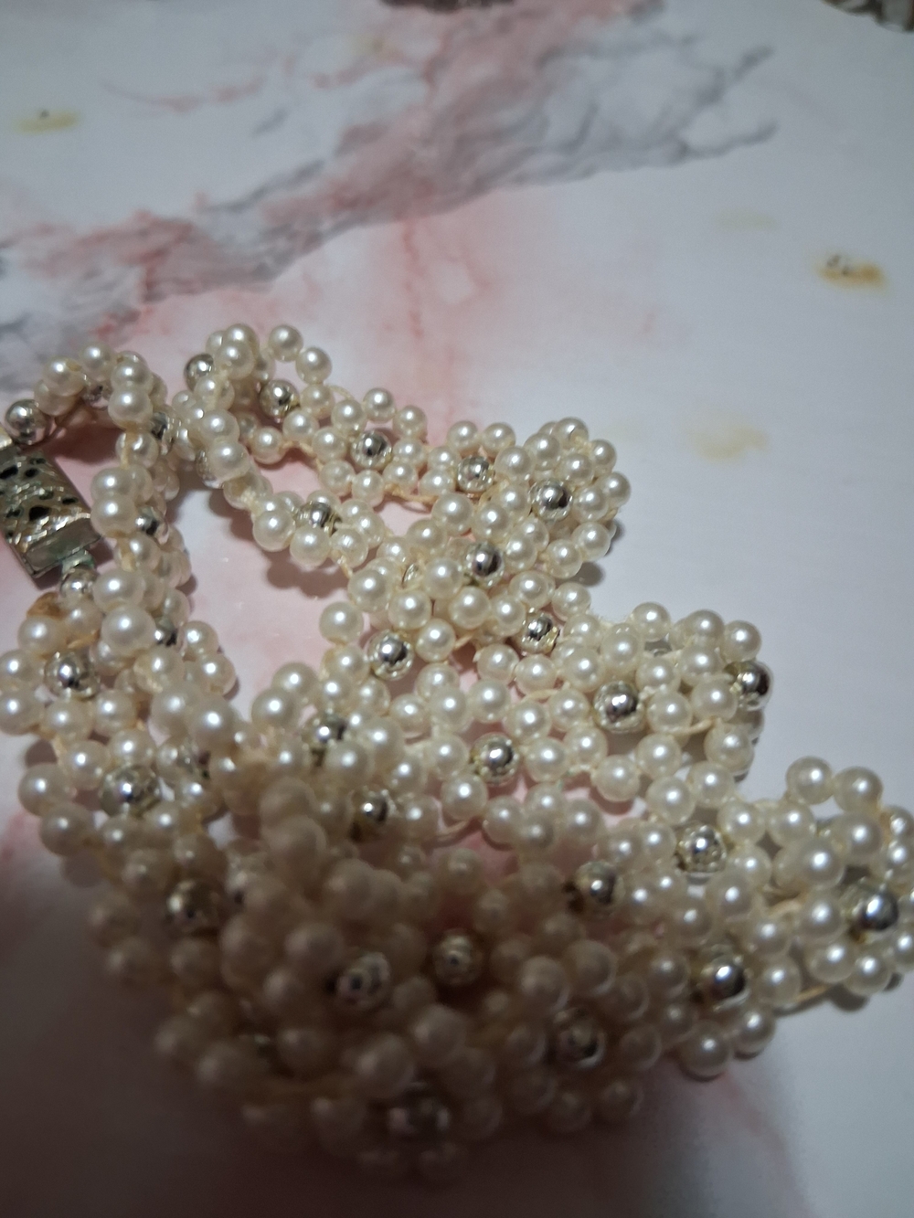 Multi-Strand Pearl and Silver Bead Necklace Chocker